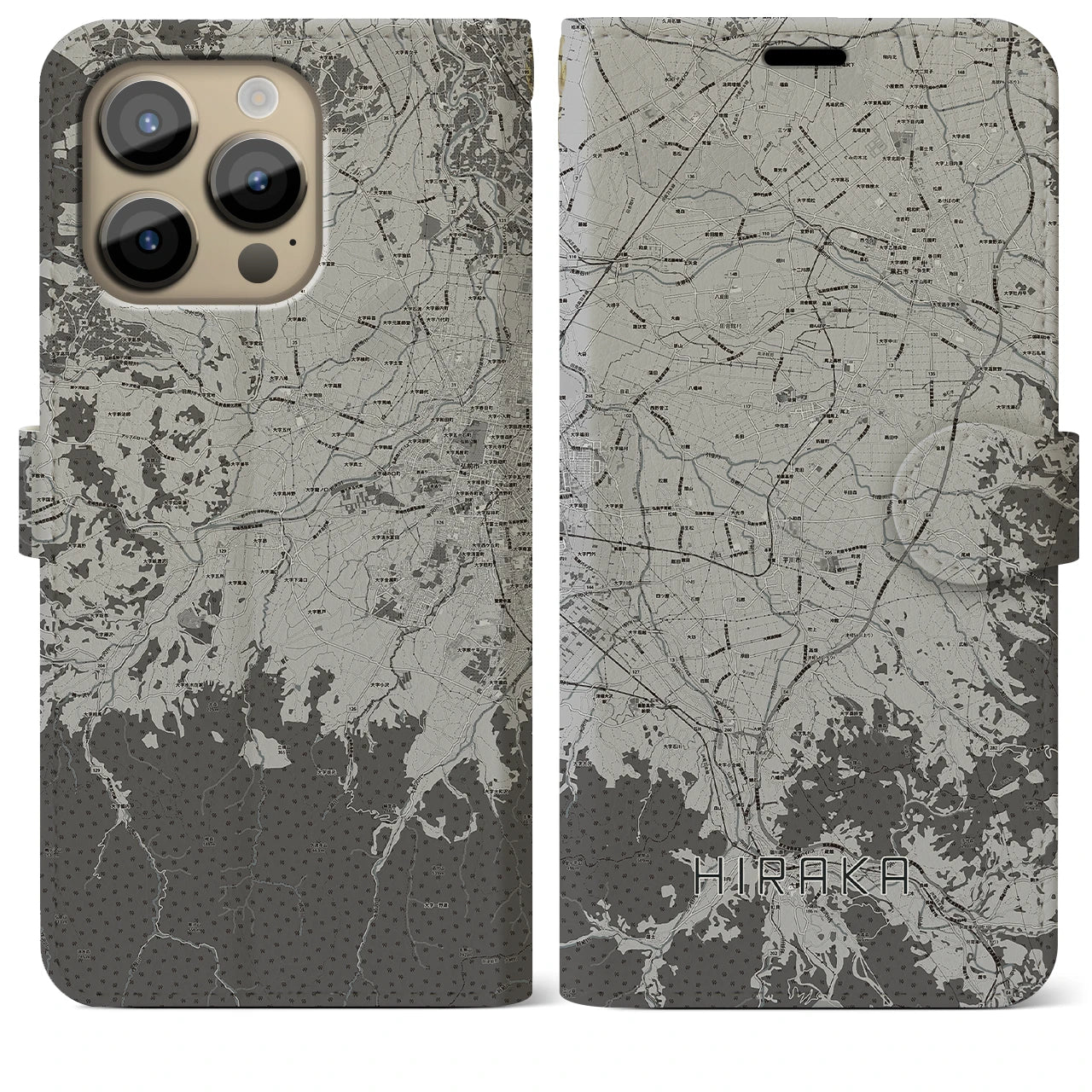 【平賀(青森県)】地図柄iPhoneケース(手帳タイプ)モノトーン・iPhone 14 Pro Max 用