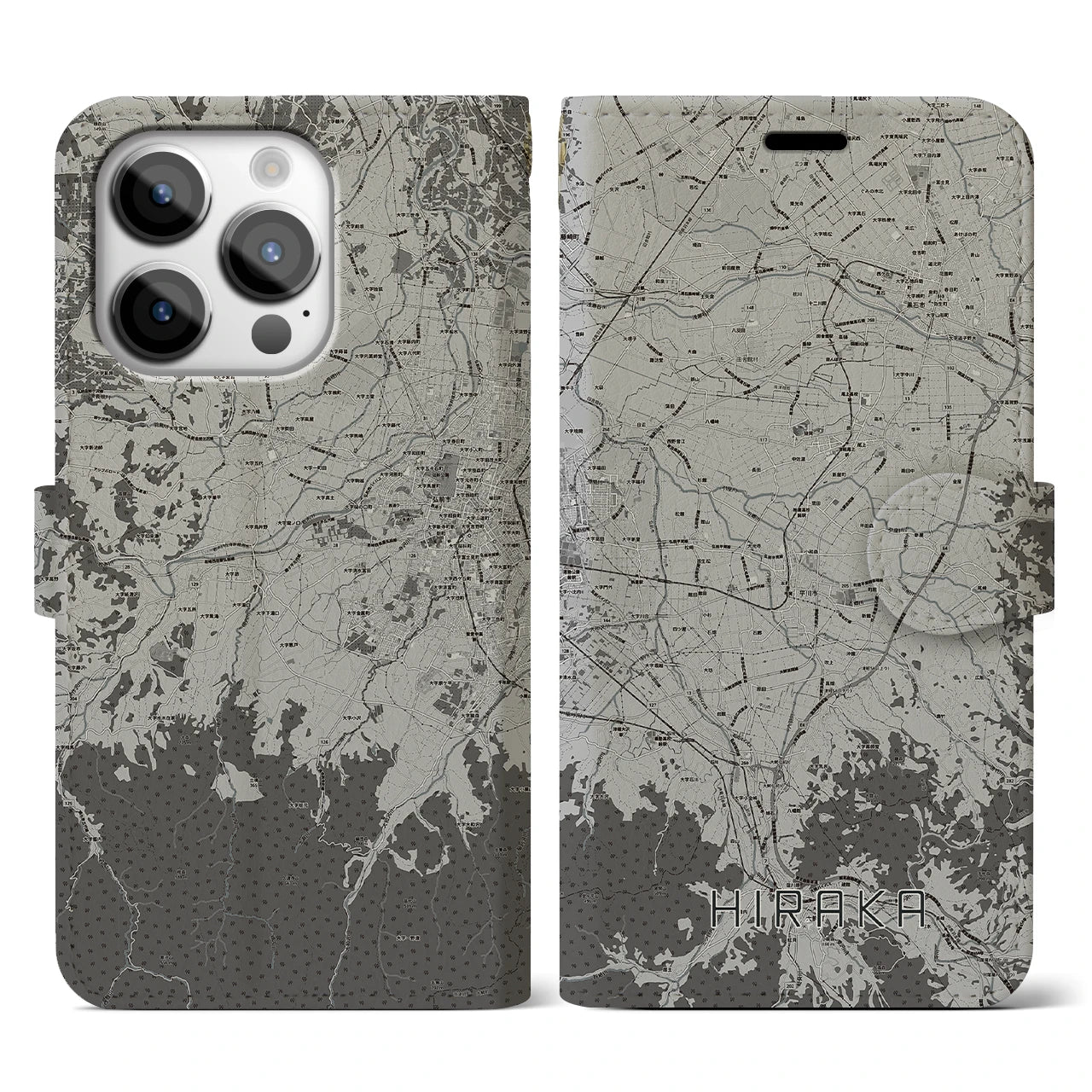 【平賀(青森県)】地図柄iPhoneケース(手帳タイプ)モノトーン・iPhone 14 Pro 用