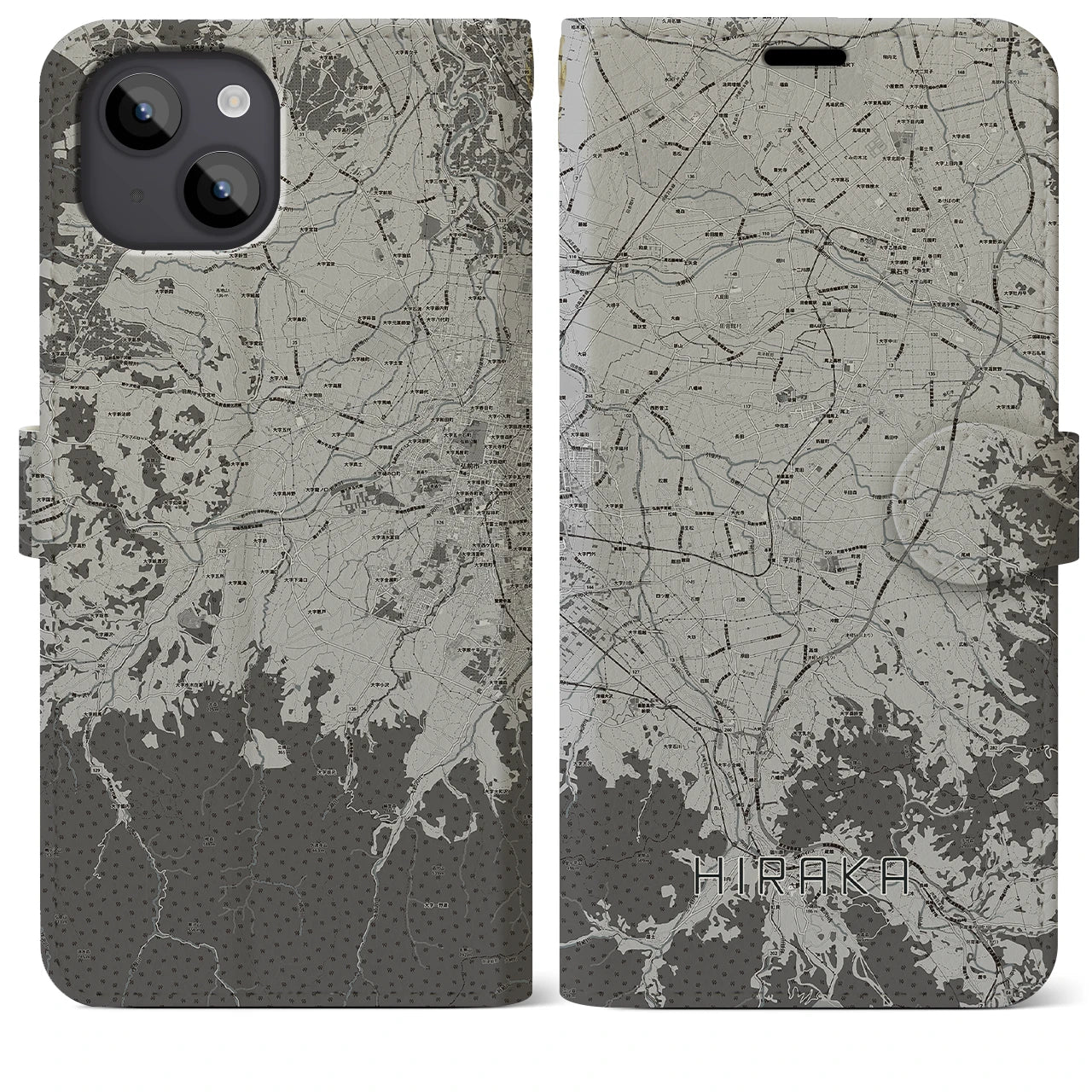 【平賀(青森県)】地図柄iPhoneケース(手帳タイプ)モノトーン・iPhone 14 Plus 用