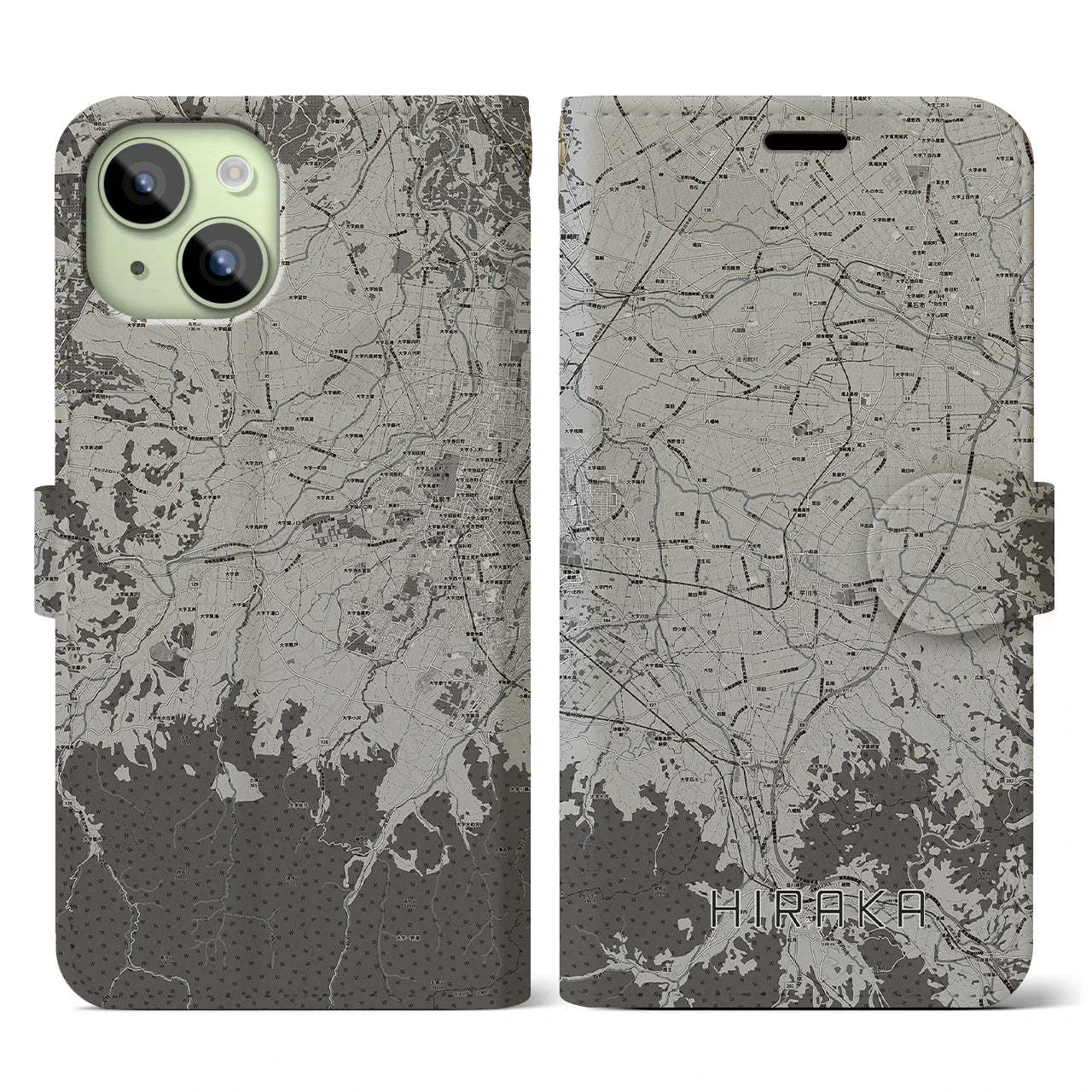 【平賀(青森県)】地図柄iPhoneケース(手帳タイプ)モノトーン・iPhone 15 用