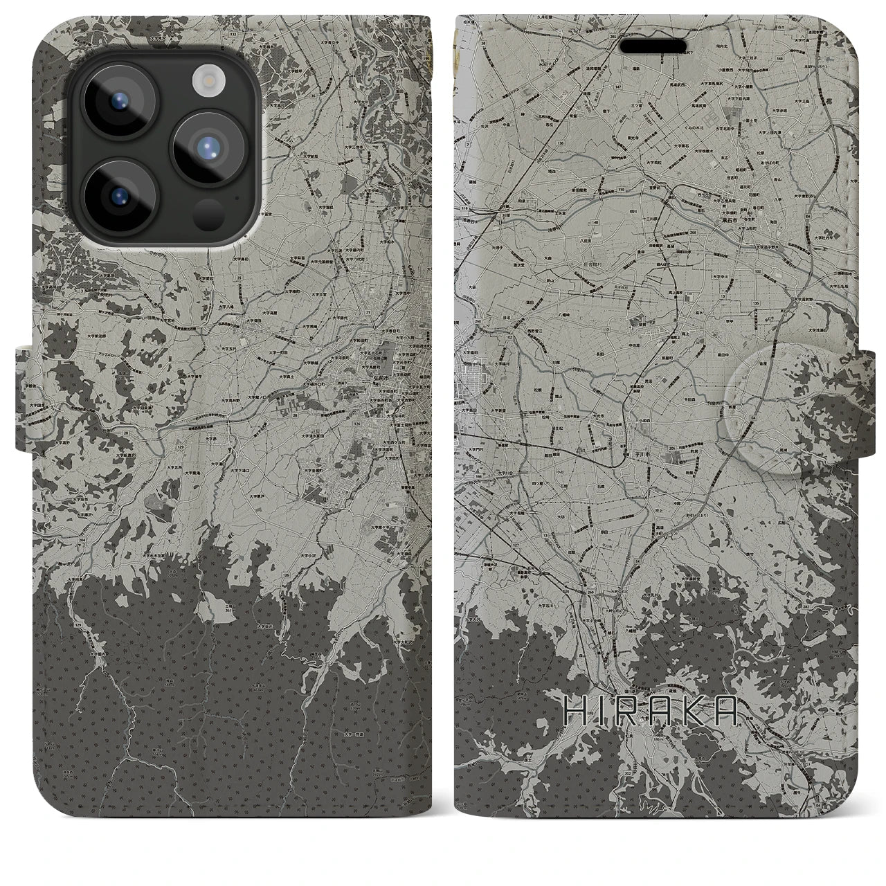 【平賀(青森県)】地図柄iPhoneケース(手帳タイプ)モノトーン・iPhone 15 Pro Max 用