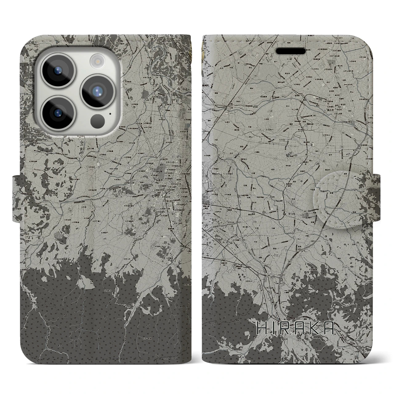 【平賀(青森県)】地図柄iPhoneケース(手帳タイプ)モノトーン・iPhone 15 Pro 用