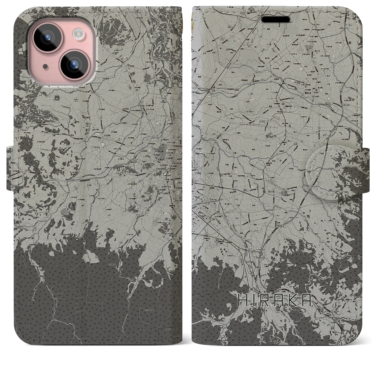 【平賀(青森県)】地図柄iPhoneケース(手帳タイプ)モノトーン・iPhone 15 Plus 用