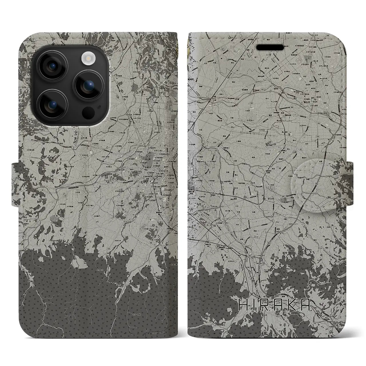 【平賀(青森県)】地図柄iPhoneケース(手帳タイプ)モノトーン・iPhone 16 用