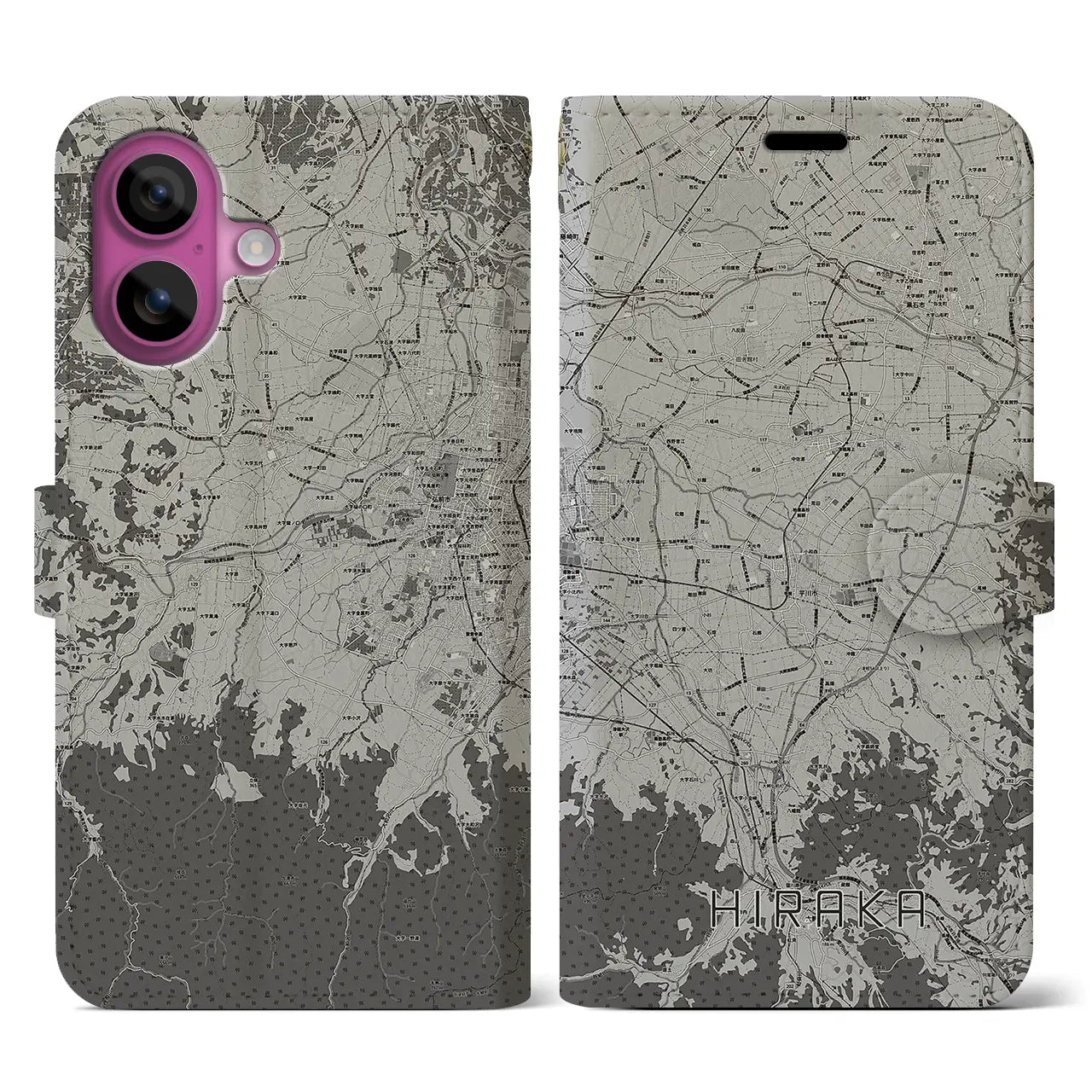 【平賀(青森県)】地図柄iPhoneケース(手帳タイプ)モノトーン・iPhone 16 Pro 用