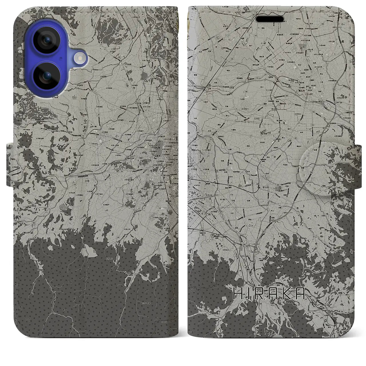 【平賀(青森県)】地図柄iPhoneケース(手帳タイプ)モノトーン・iPhone 16 Pro Max 用