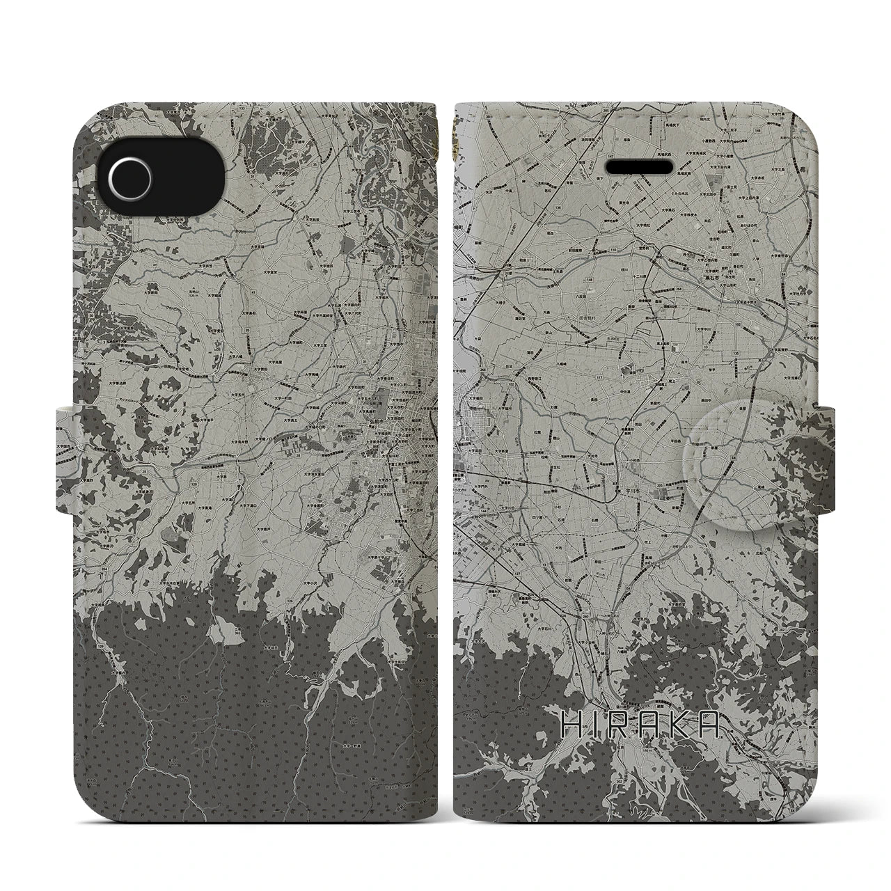 【平賀(青森県)】地図柄iPhoneケース(手帳タイプ)モノトーン・iPhone SE(第3 / 第2世代) / 8 / 7 / 6s / 6 用