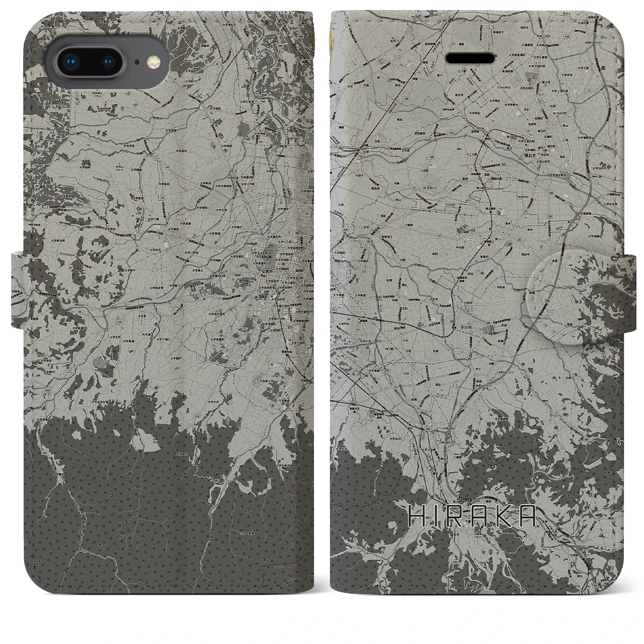 【平賀(青森県)】地図柄iPhoneケース(手帳タイプ)モノトーン・iPhone 8Plus /7Plus / 6sPlus / 6Plus 用