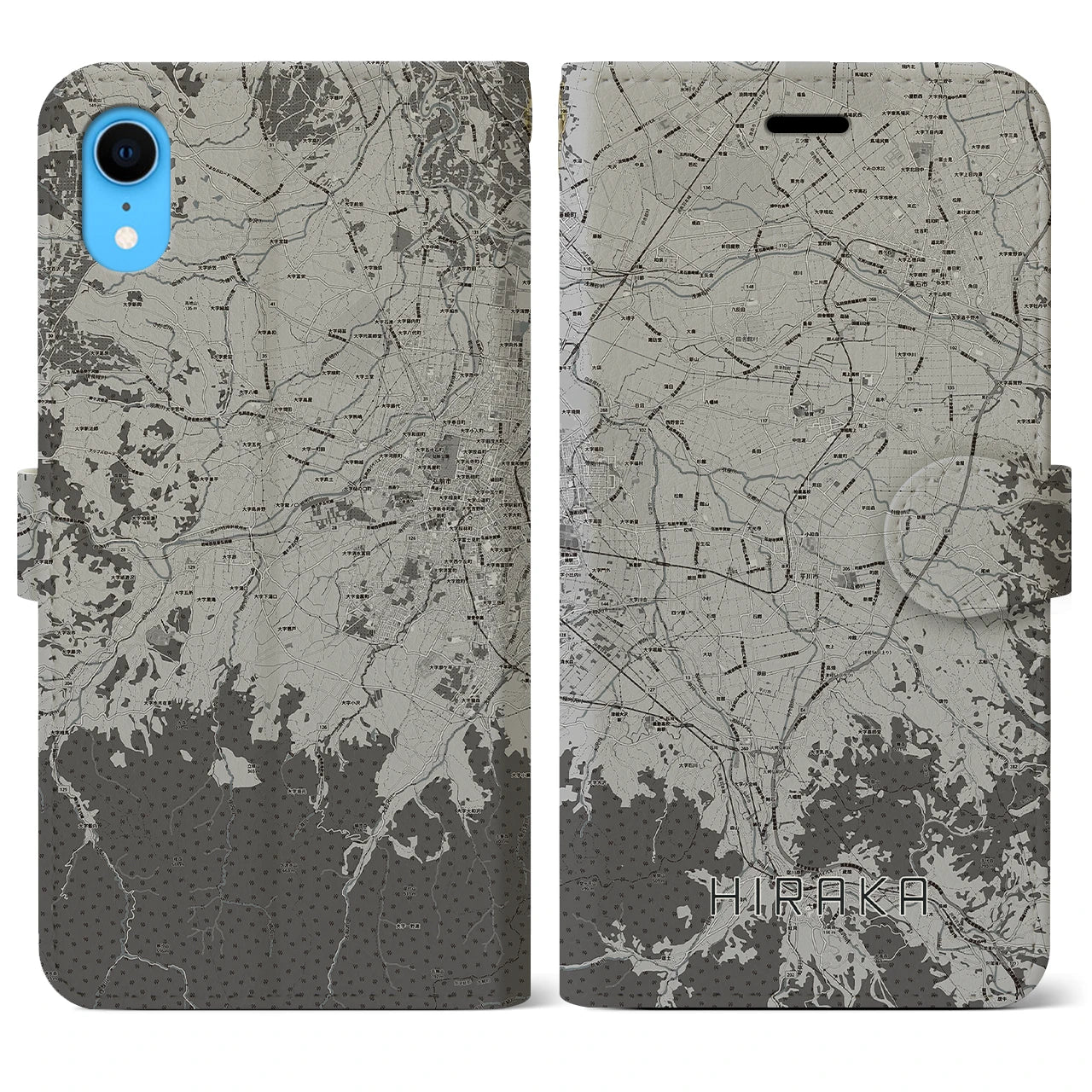 【平賀(青森県)】地図柄iPhoneケース(手帳タイプ)モノトーン・iPhone XR 用