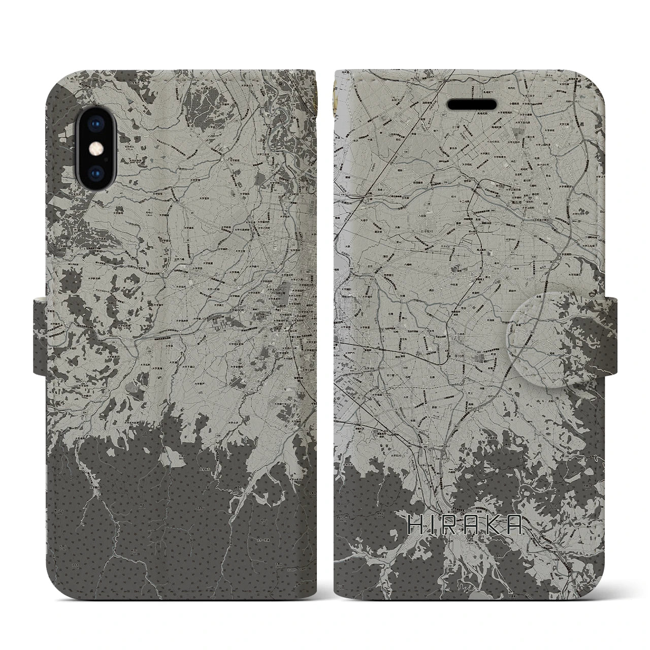 【平賀(青森県)】地図柄iPhoneケース(手帳タイプ)モノトーン・iPhone XS / X 用