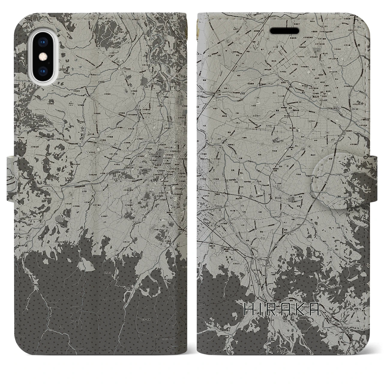 【平賀(青森県)】地図柄iPhoneケース(手帳タイプ)モノトーン・iPhone XS Max 用