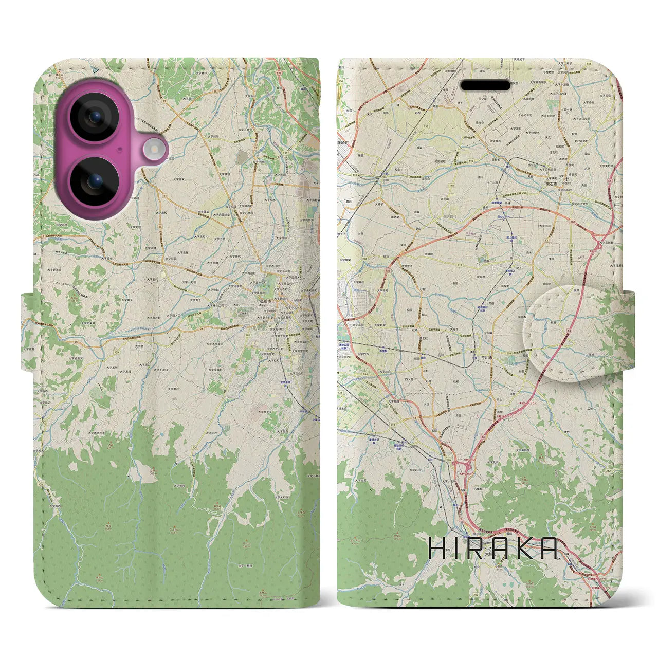 【平賀(青森県)】地図柄iPhoneケース(手帳タイプ)ナチュラル・iPhone 16 Pro 用