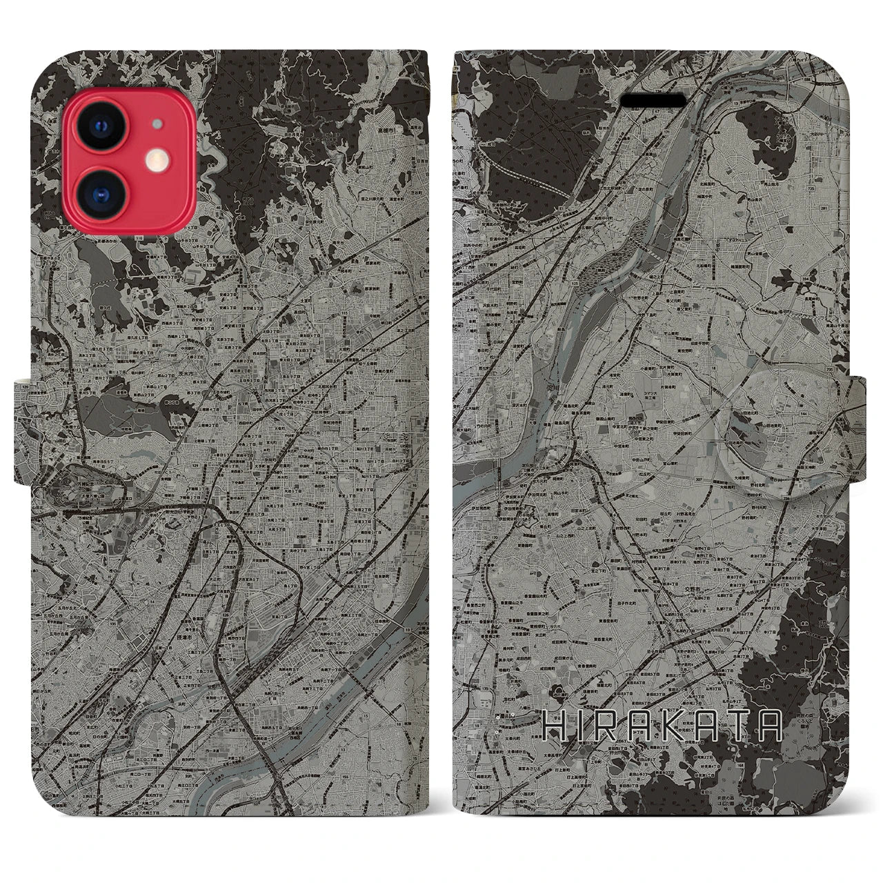 【枚方(大阪府)】地図柄iPhoneケース(手帳タイプ)モノトーン・iPhone 11 用