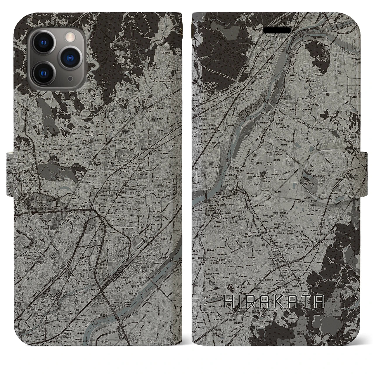 【枚方(大阪府)】地図柄iPhoneケース(手帳タイプ)モノトーン・iPhone 11 Pro Max 用