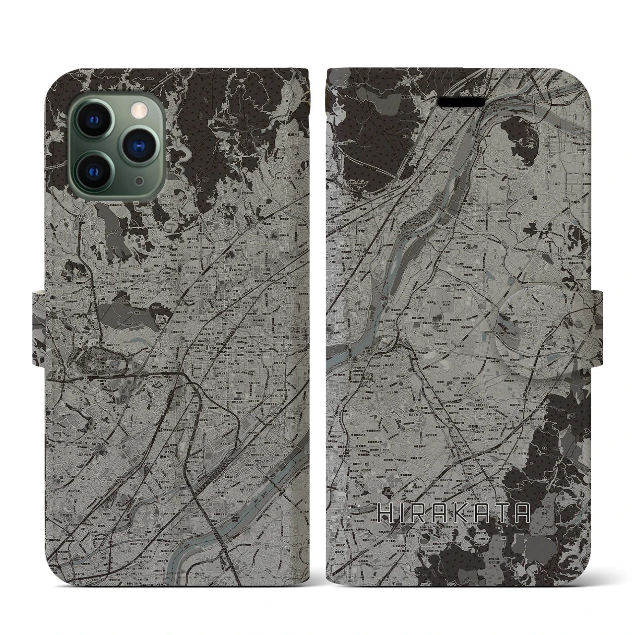 【枚方(大阪府)】地図柄iPhoneケース(手帳タイプ)モノトーン・iPhone 11 Pro 用