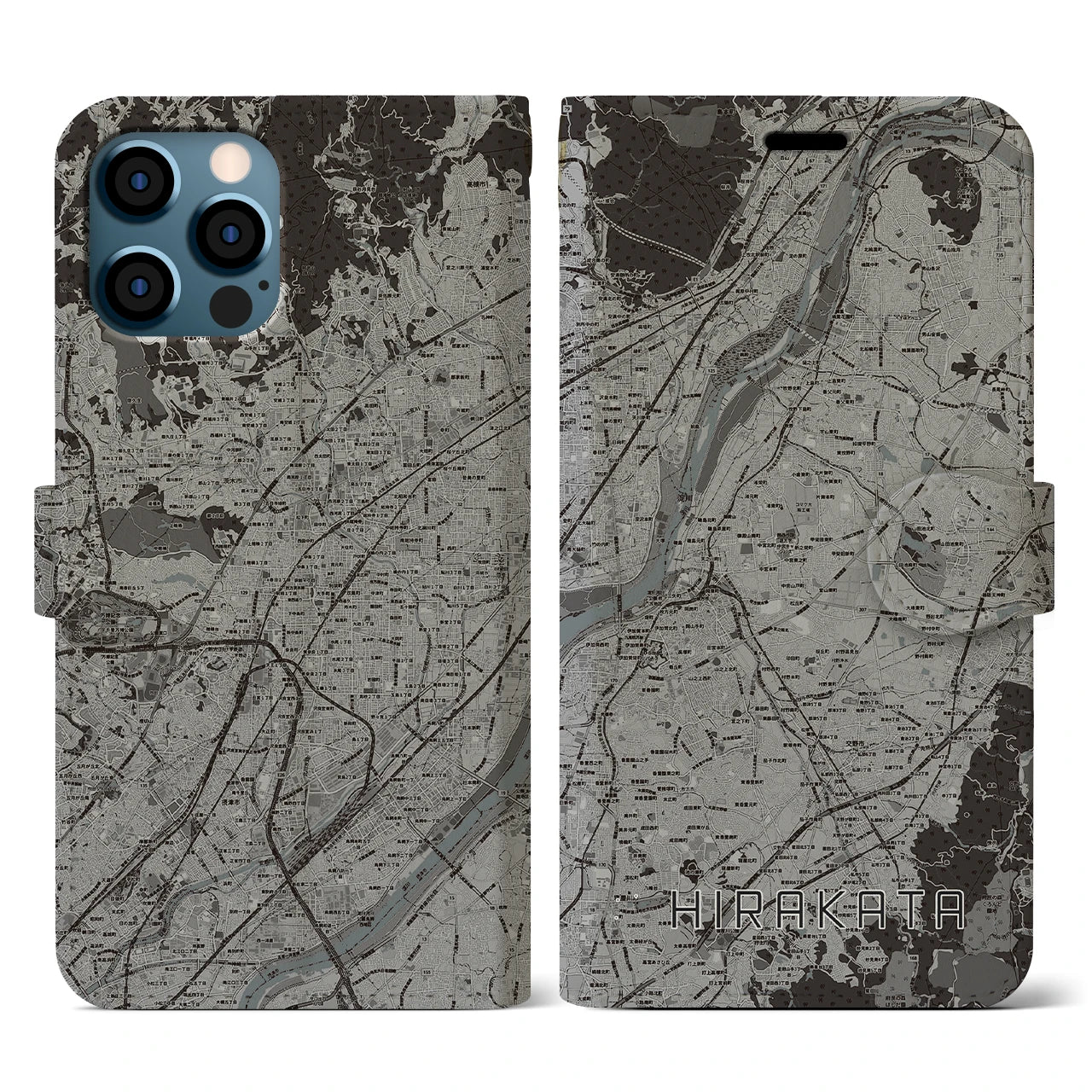 【枚方(大阪府)】地図柄iPhoneケース(手帳タイプ)モノトーン・iPhone 12 / 12 Pro 用