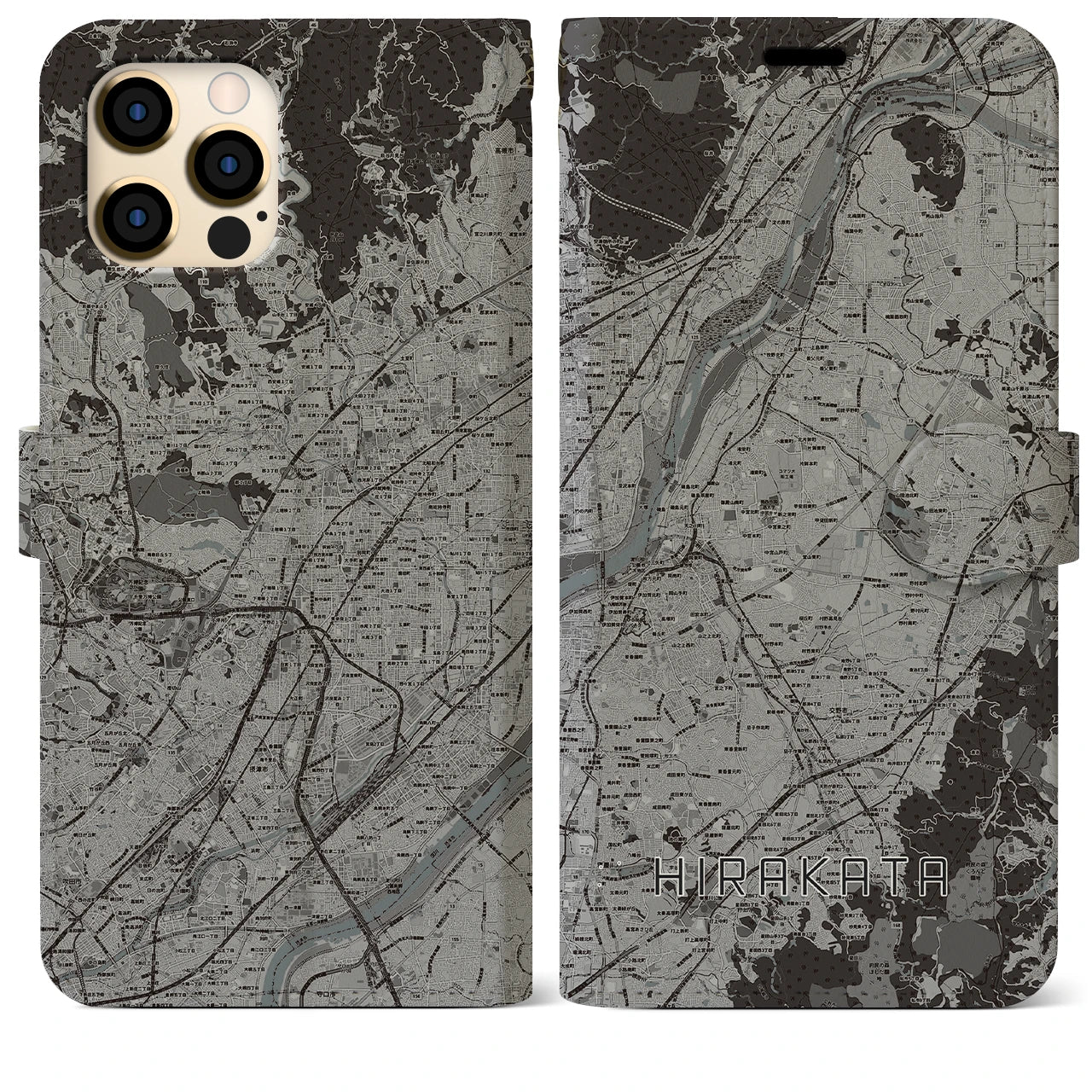【枚方(大阪府)】地図柄iPhoneケース(手帳タイプ)モノトーン・iPhone 12 Pro Max 用