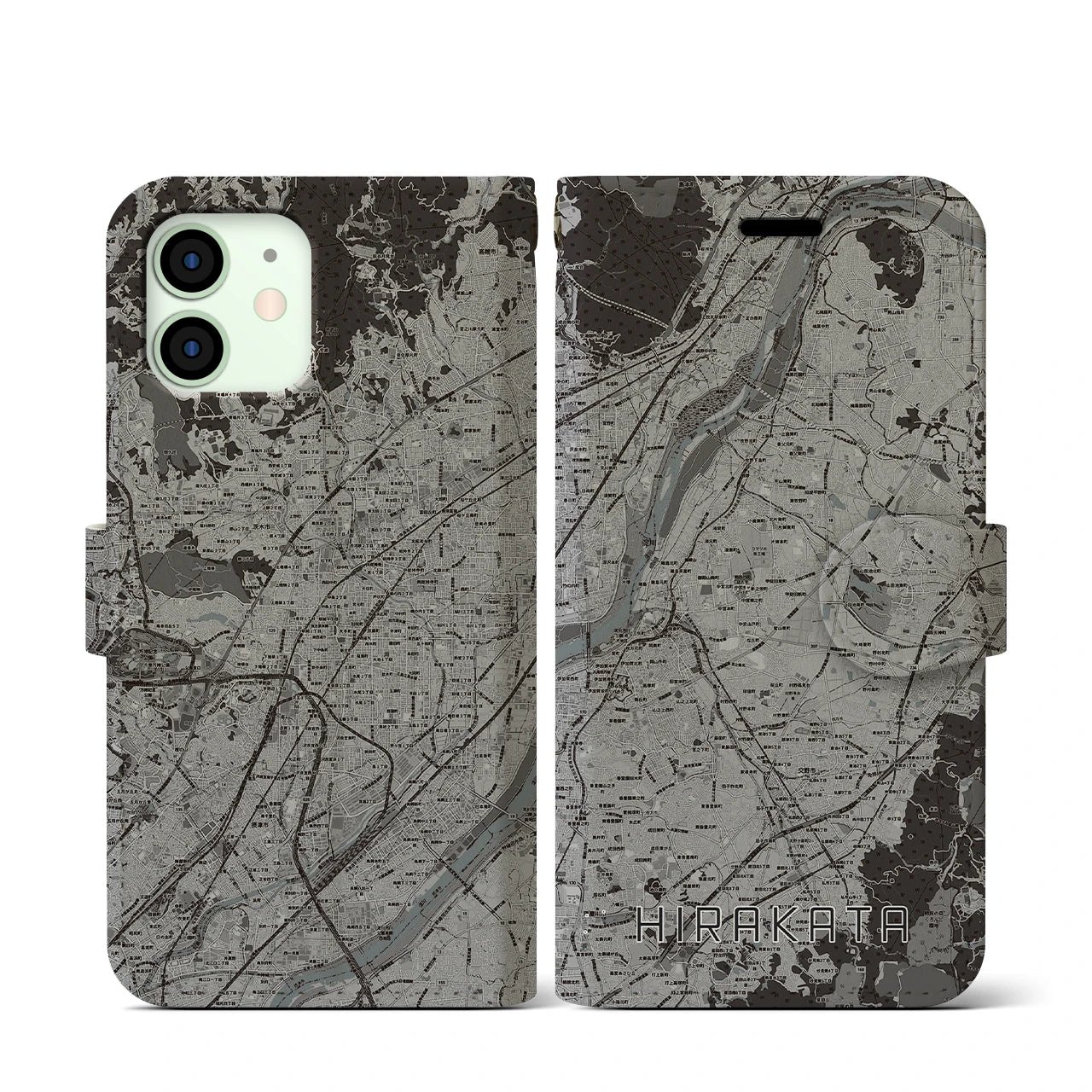 【枚方(大阪府)】地図柄iPhoneケース(手帳タイプ)モノトーン・iPhone 12 mini 用