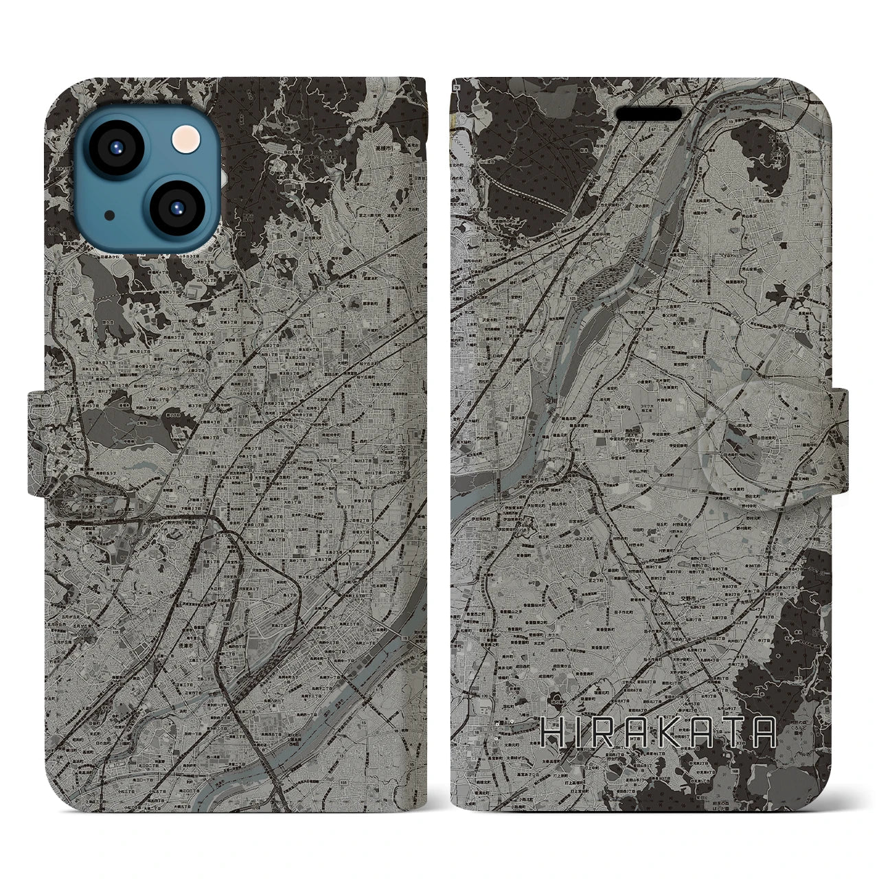 【枚方(大阪府)】地図柄iPhoneケース(手帳タイプ)モノトーン・iPhone 13 用
