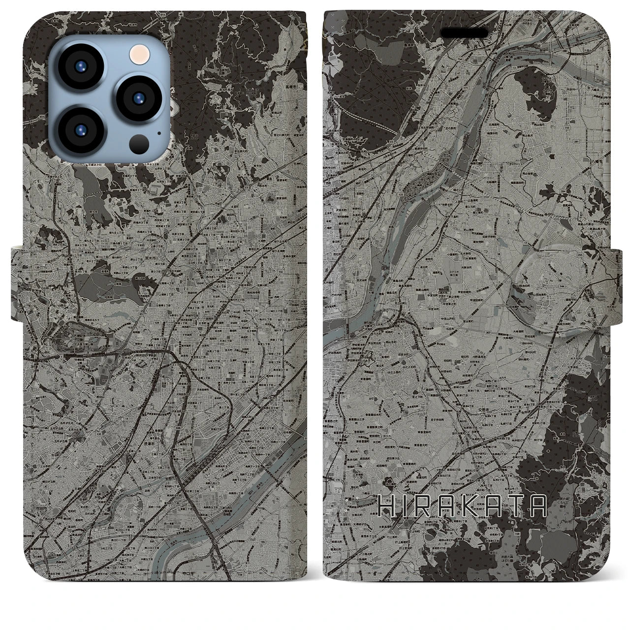 【枚方(大阪府)】地図柄iPhoneケース(手帳タイプ)モノトーン・iPhone 13 Pro Max 用