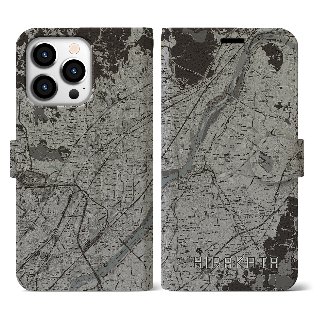 【枚方(大阪府)】地図柄iPhoneケース(手帳タイプ)モノトーン・iPhone 13 Pro 用