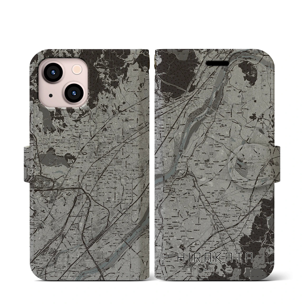 【枚方(大阪府)】地図柄iPhoneケース(手帳タイプ)モノトーン・iPhone 13 mini 用