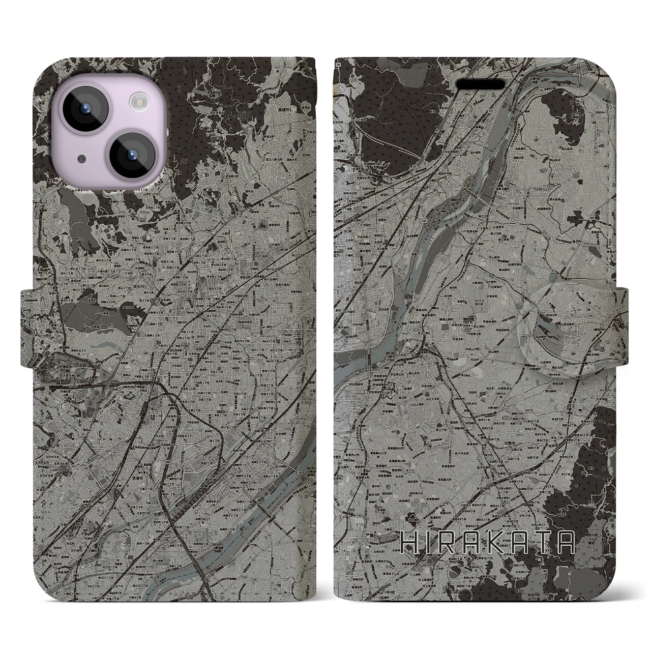 【枚方(大阪府)】地図柄iPhoneケース(手帳タイプ)モノトーン・iPhone 14 用