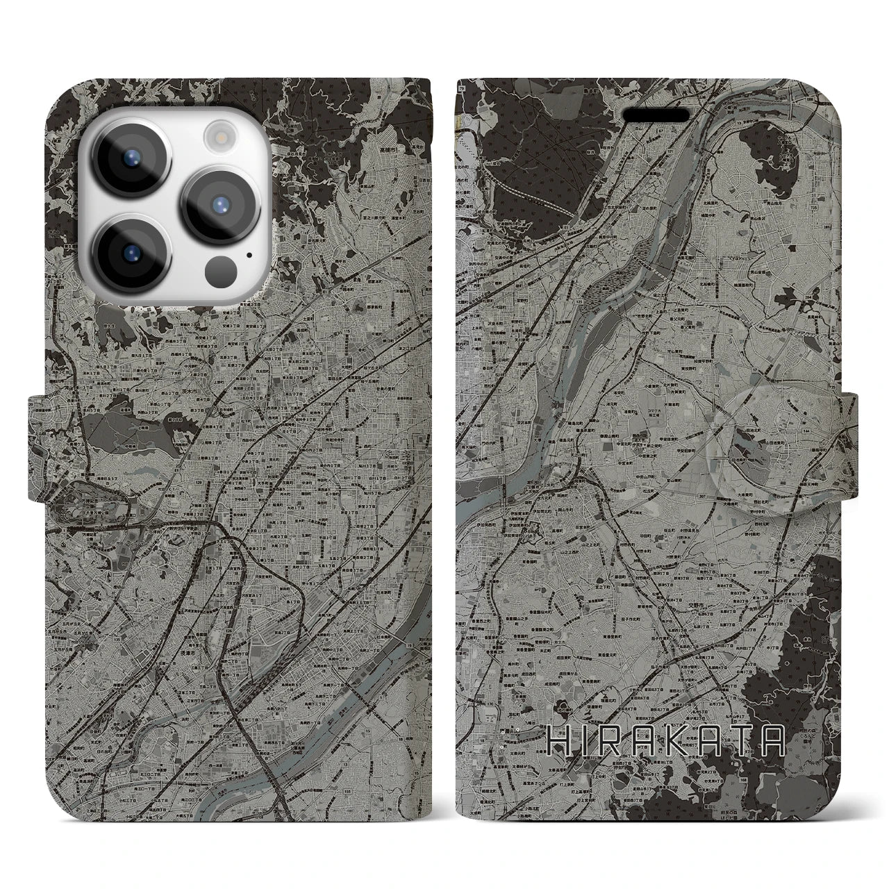 【枚方(大阪府)】地図柄iPhoneケース(手帳タイプ)モノトーン・iPhone 14 Pro 用