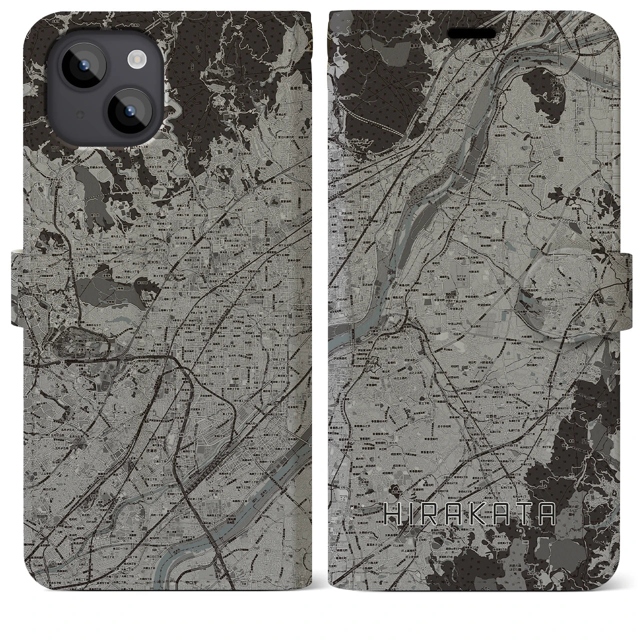 【枚方(大阪府)】地図柄iPhoneケース(手帳タイプ)モノトーン・iPhone 14 Plus 用