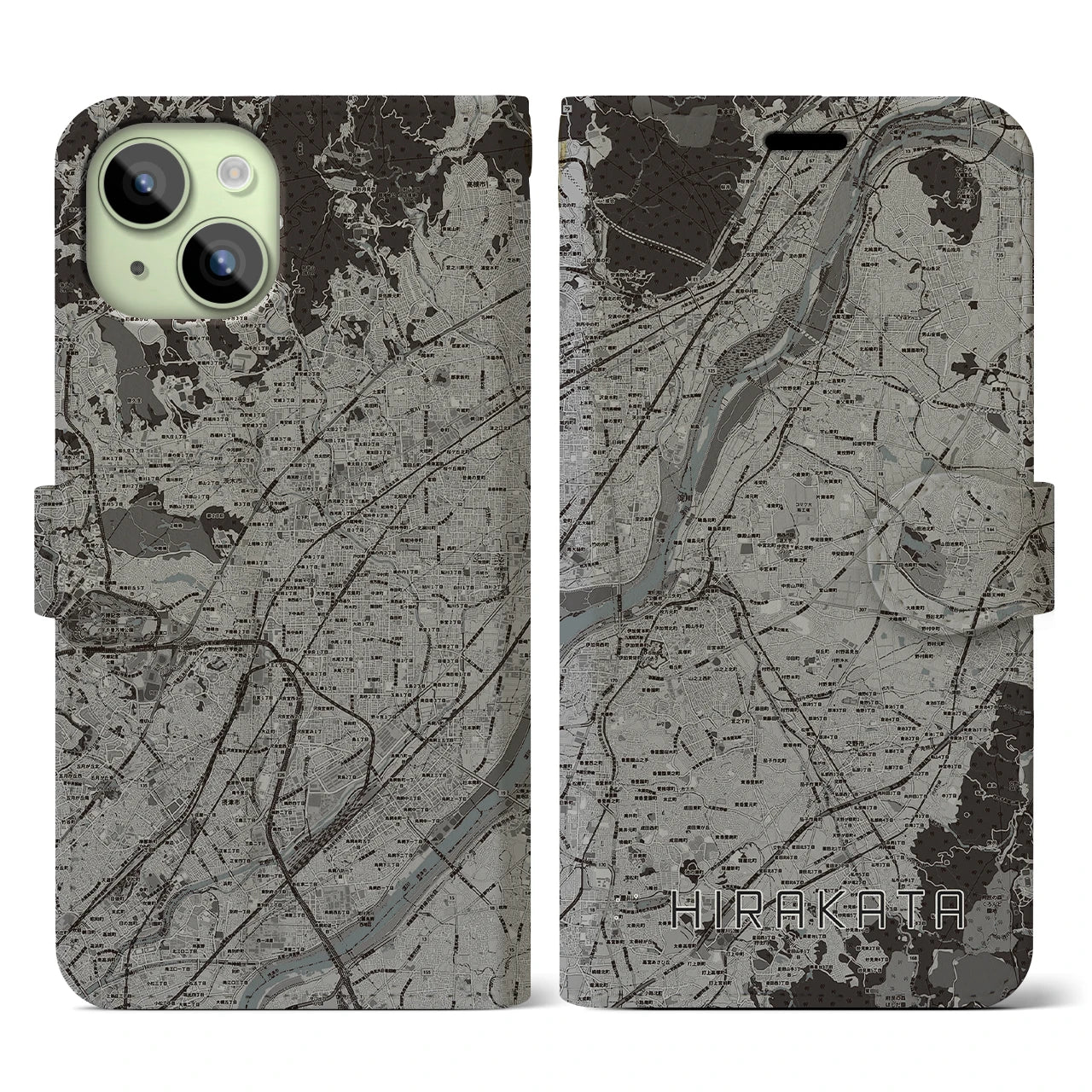 【枚方(大阪府)】地図柄iPhoneケース(手帳タイプ)モノトーン・iPhone 15 用