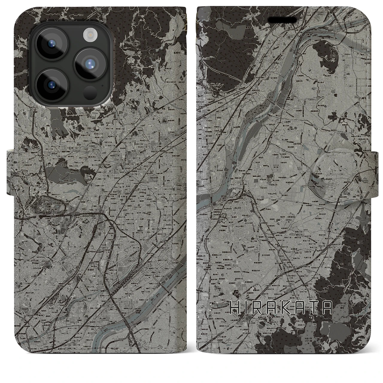 【枚方(大阪府)】地図柄iPhoneケース(手帳タイプ)モノトーン・iPhone 15 Pro Max 用