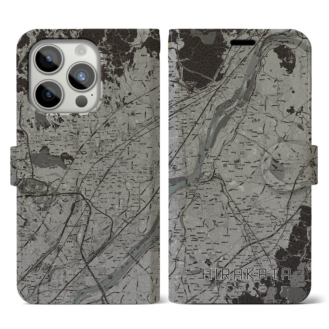 【枚方(大阪府)】地図柄iPhoneケース(手帳タイプ)モノトーン・iPhone 15 Pro 用