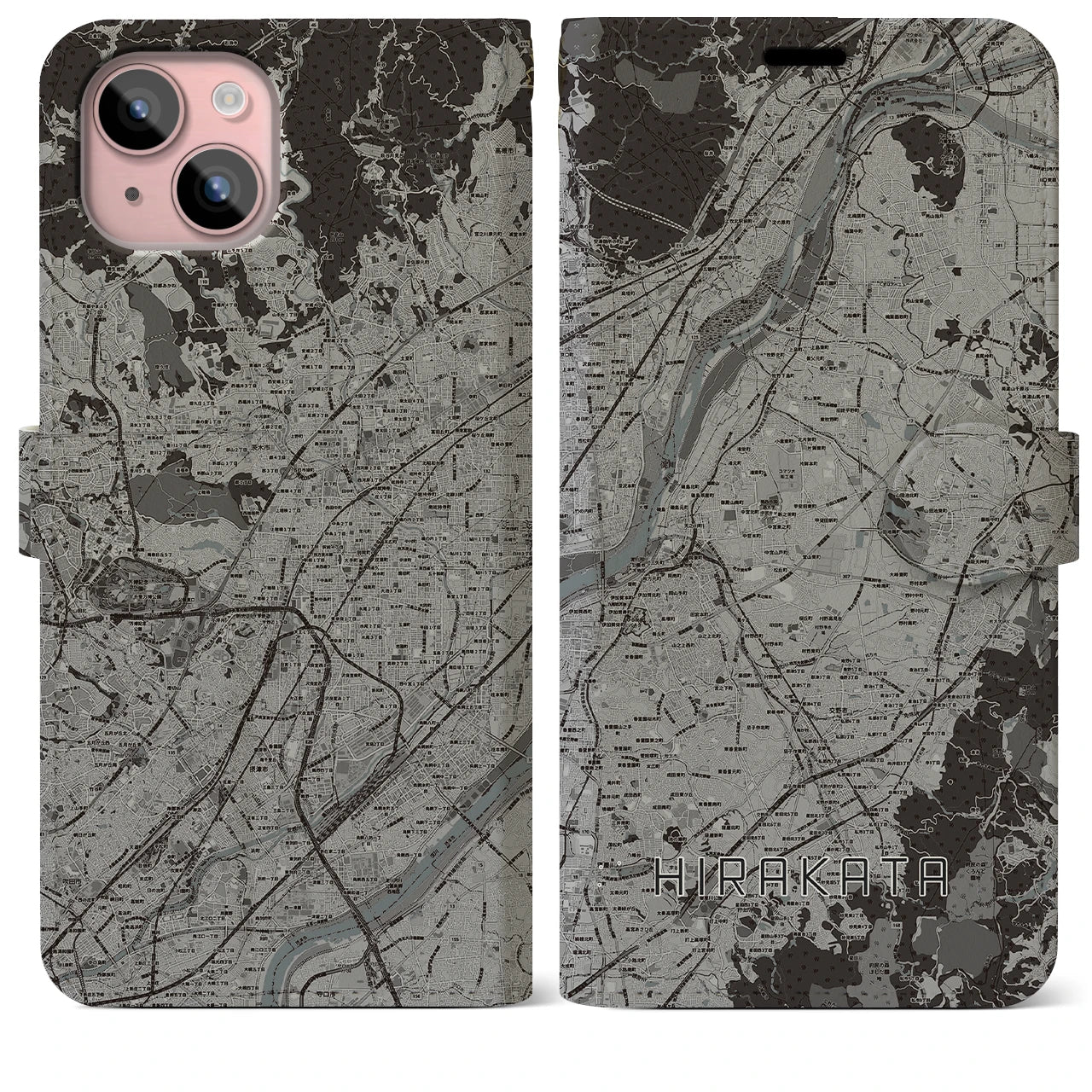 【枚方(大阪府)】地図柄iPhoneケース(手帳タイプ)モノトーン・iPhone 15 Plus 用