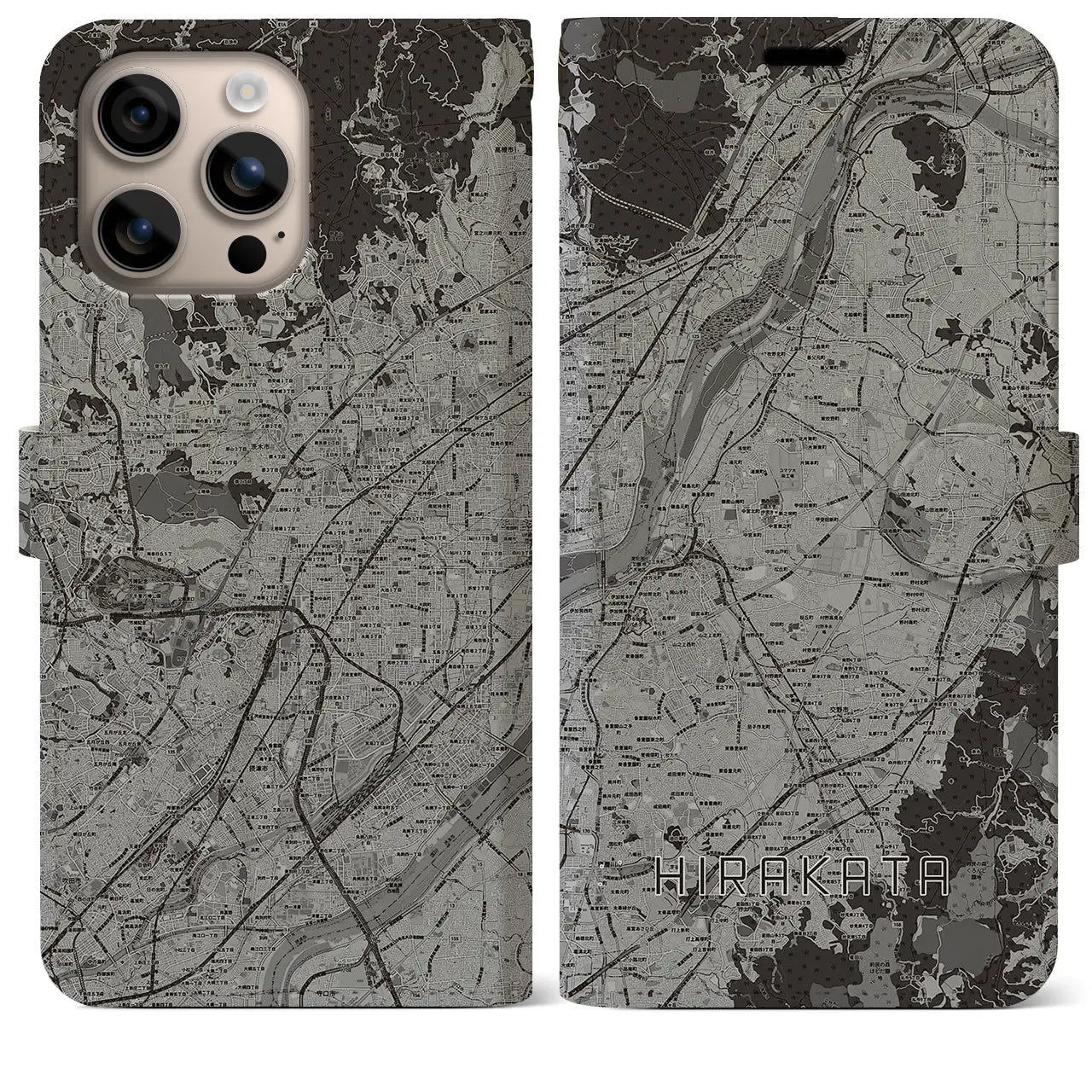 【枚方(大阪府)】地図柄iPhoneケース(手帳タイプ)モノトーン・iPhone 16 Plus 用
