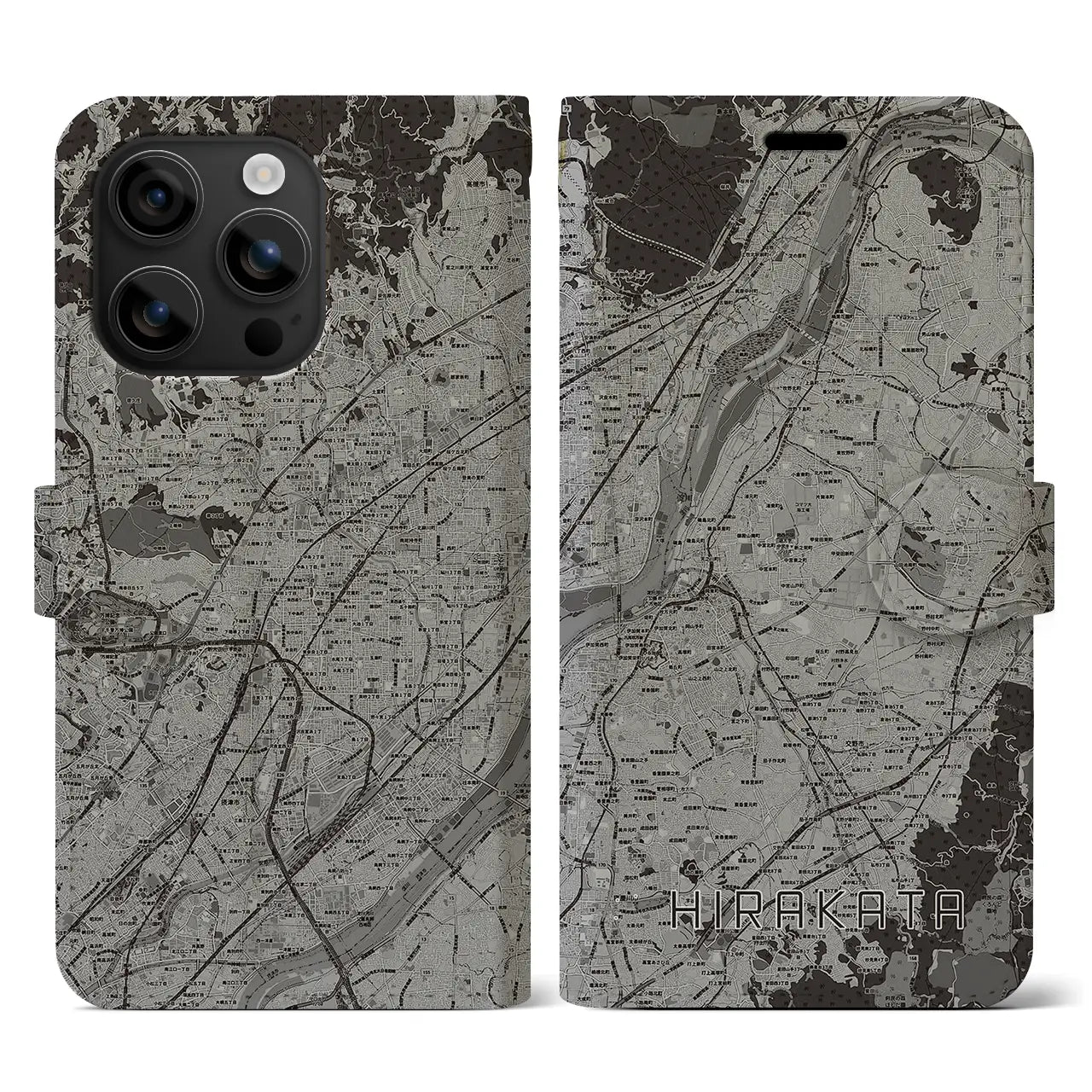【枚方(大阪府)】地図柄iPhoneケース(手帳タイプ)モノトーン・iPhone 16 用
