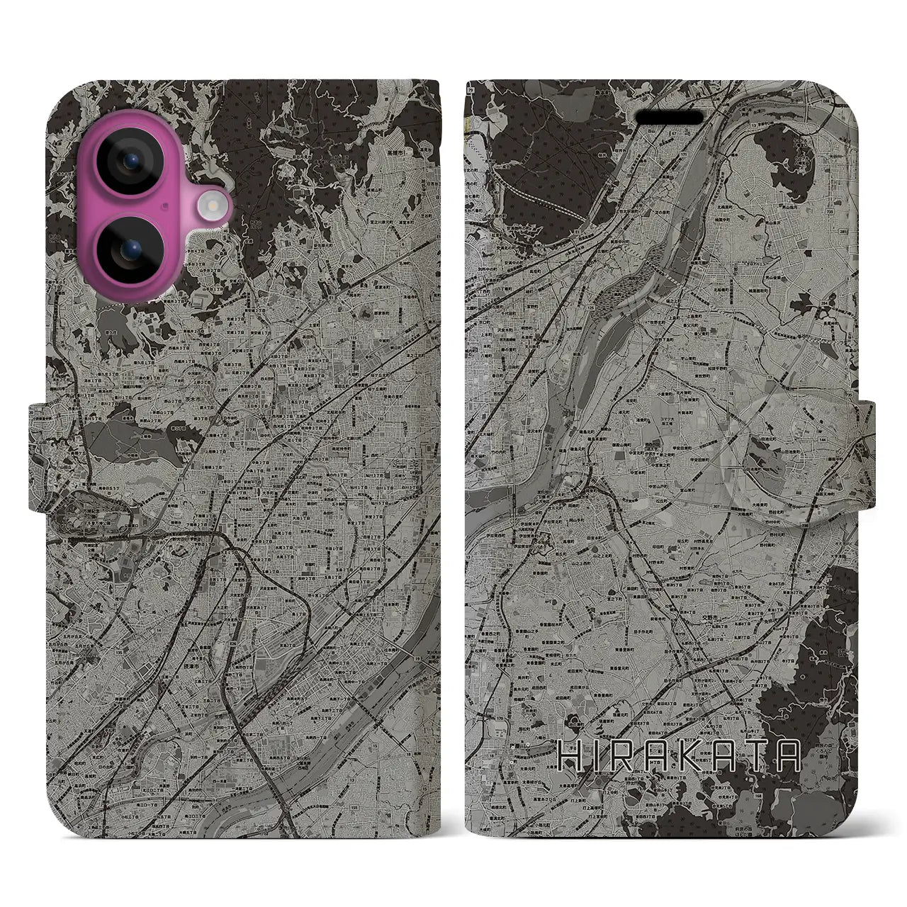 【枚方(大阪府)】地図柄iPhoneケース(手帳タイプ)モノトーン・iPhone 16 Pro 用