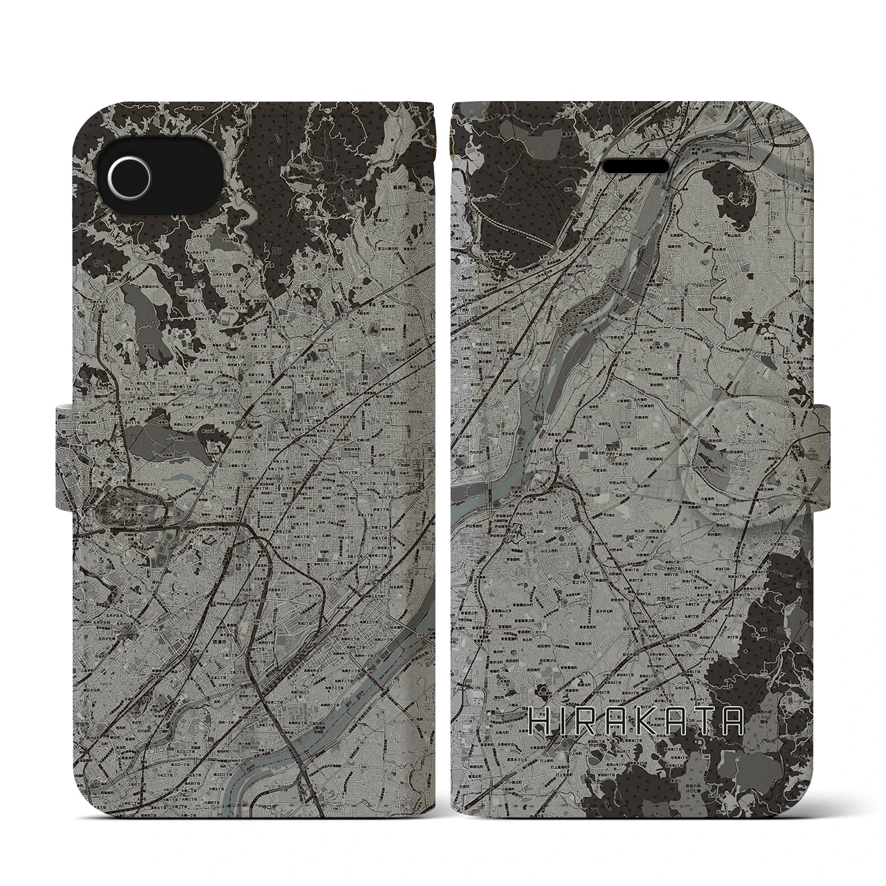 【枚方(大阪府)】地図柄iPhoneケース(手帳タイプ)モノトーン・iPhone SE(第3 / 第2世代) / 8 / 7 / 6s / 6 用