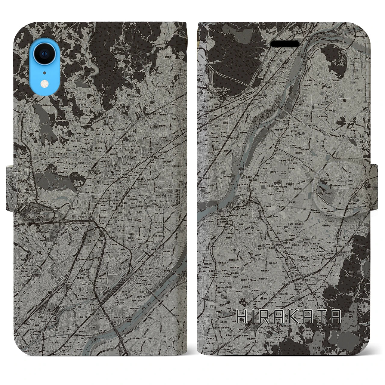 【枚方(大阪府)】地図柄iPhoneケース(手帳タイプ)モノトーン・iPhone XR 用