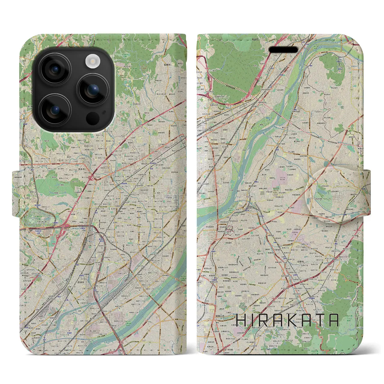 【枚方(大阪府)】地図柄iPhoneケース(手帳タイプ)ナチュラル・iPhone 16 用