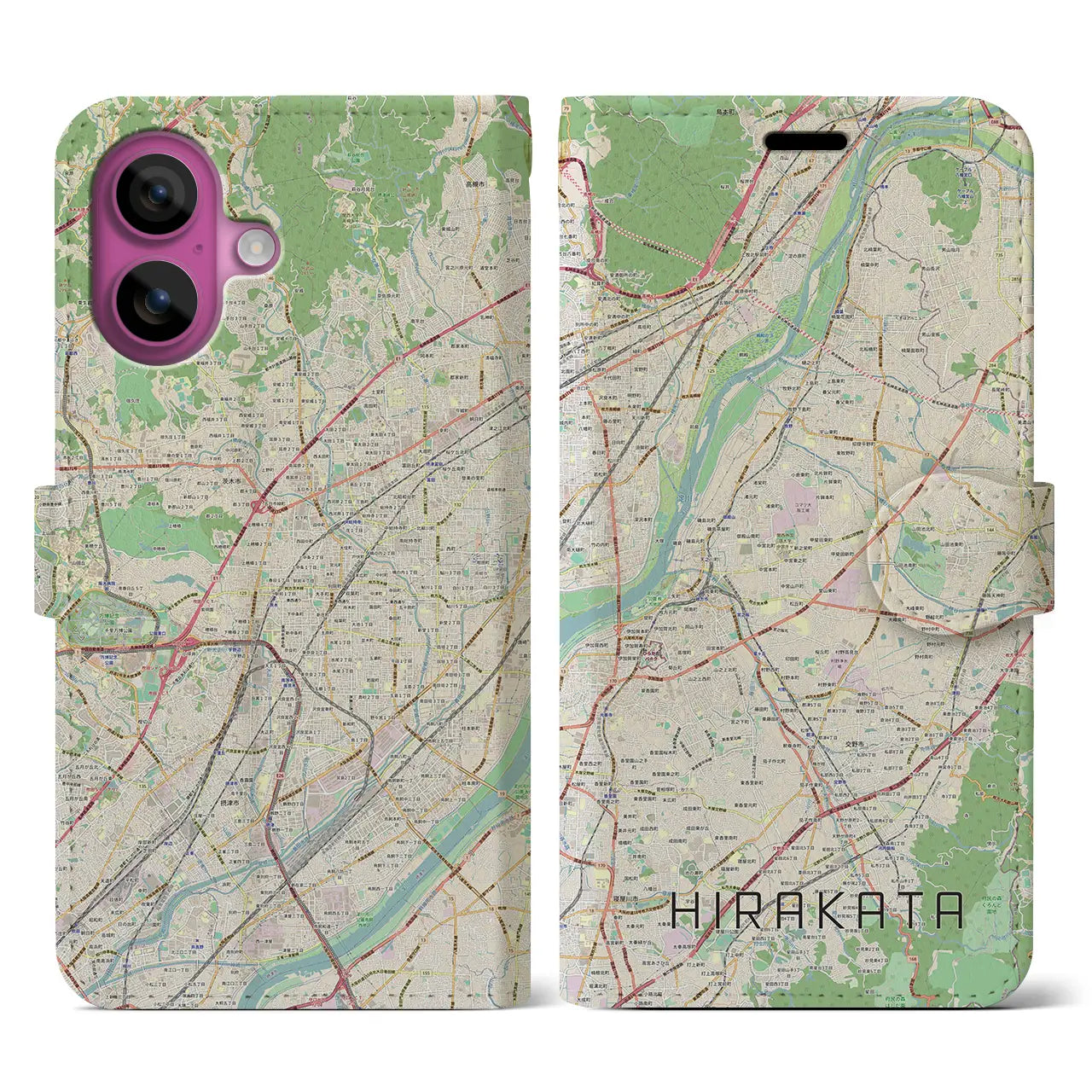 【枚方(大阪府)】地図柄iPhoneケース(手帳タイプ)ナチュラル・iPhone 16 Pro 用