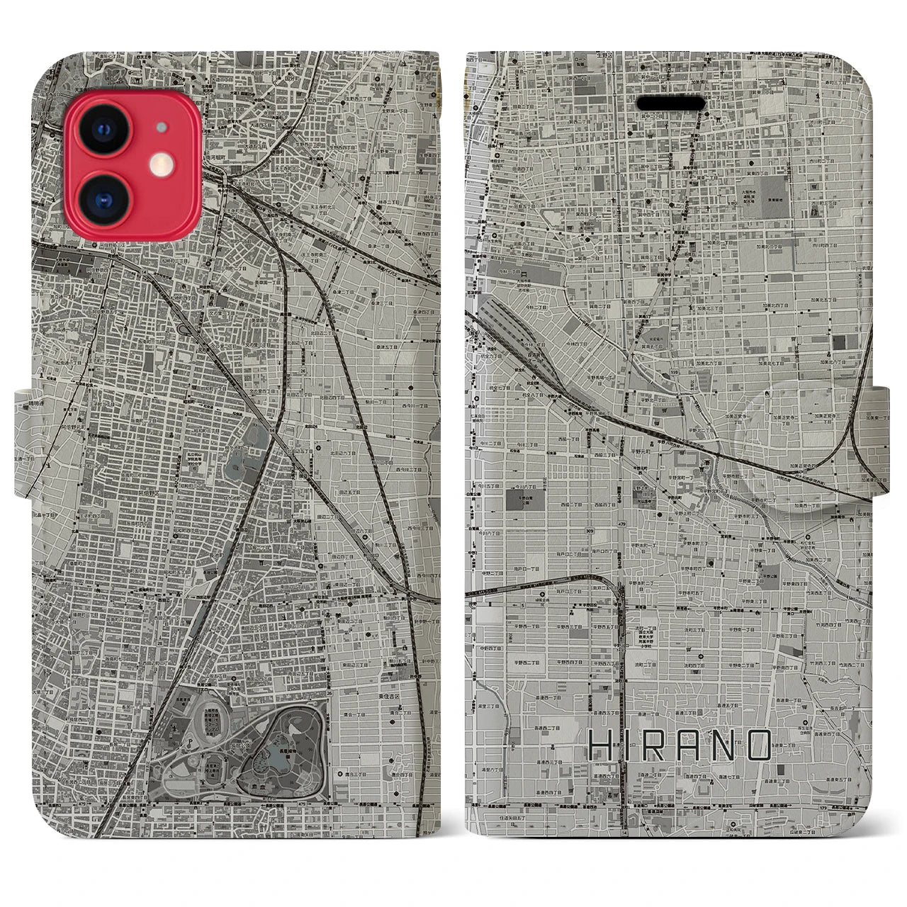 【平野(大阪府)】地図柄iPhoneケース(手帳タイプ)モノトーン・iPhone 11 用