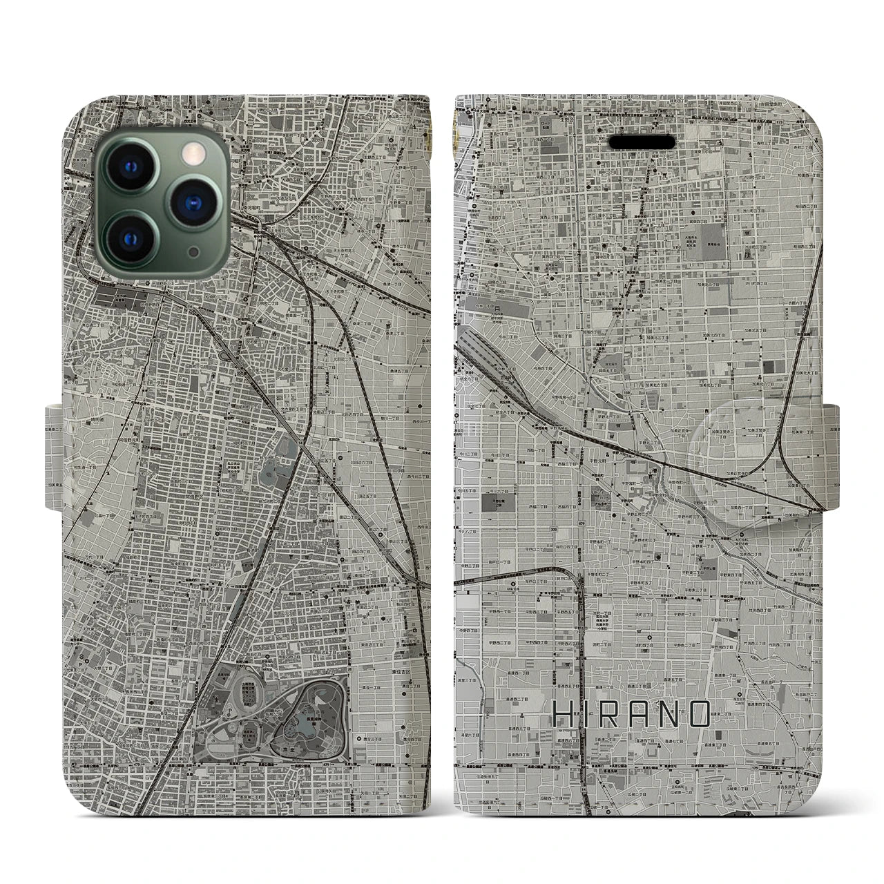 【平野(大阪府)】地図柄iPhoneケース(手帳タイプ)モノトーン・iPhone 11 Pro 用