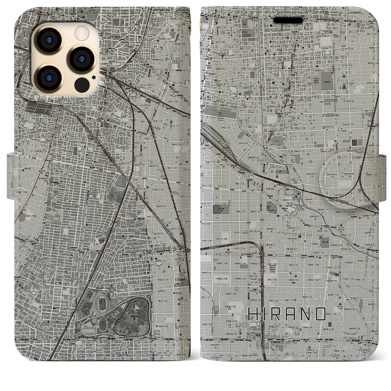 【平野(大阪府)】地図柄iPhoneケース(手帳タイプ)モノトーン・iPhone 12 Pro Max 用