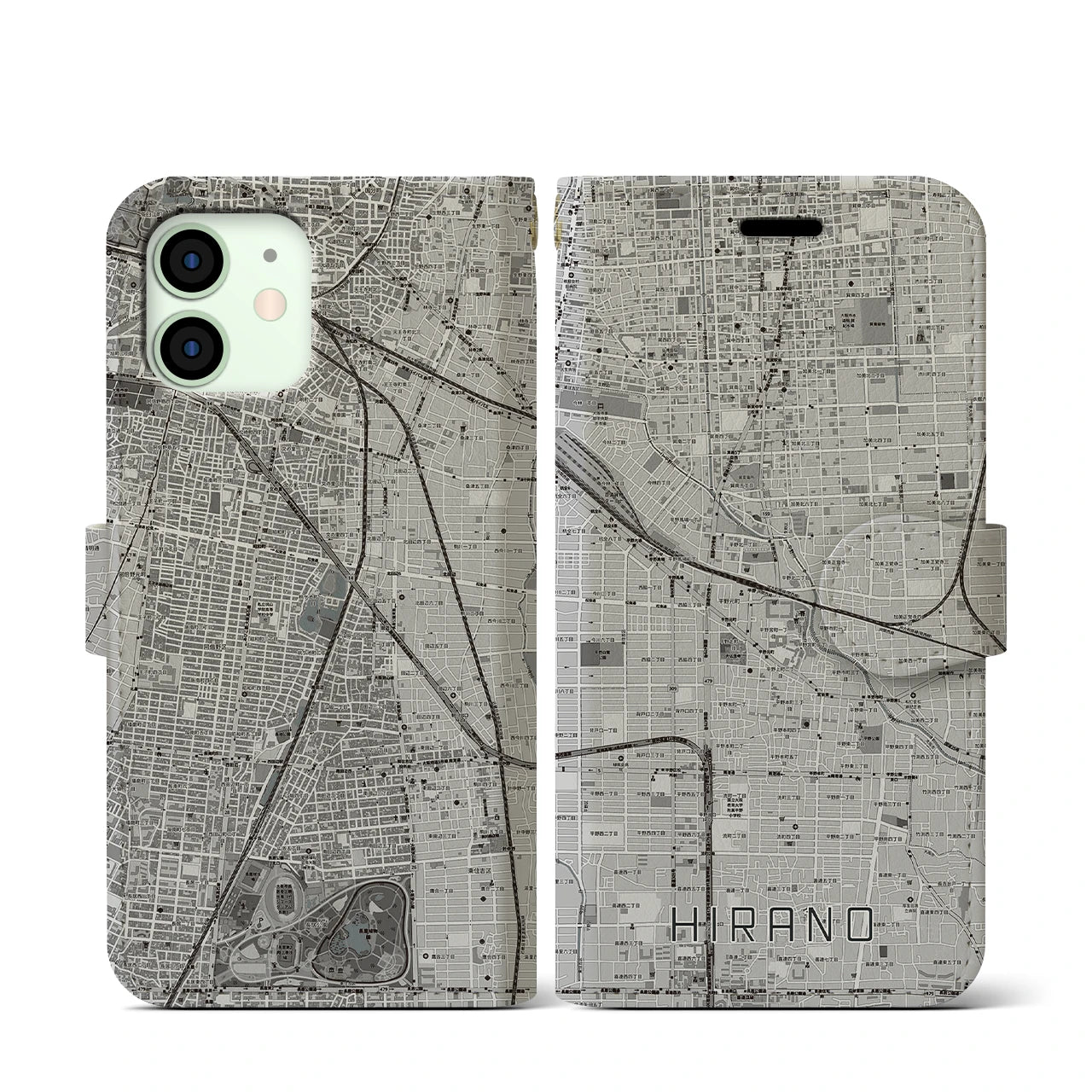 【平野(大阪府)】地図柄iPhoneケース(手帳タイプ)モノトーン・iPhone 12 mini 用