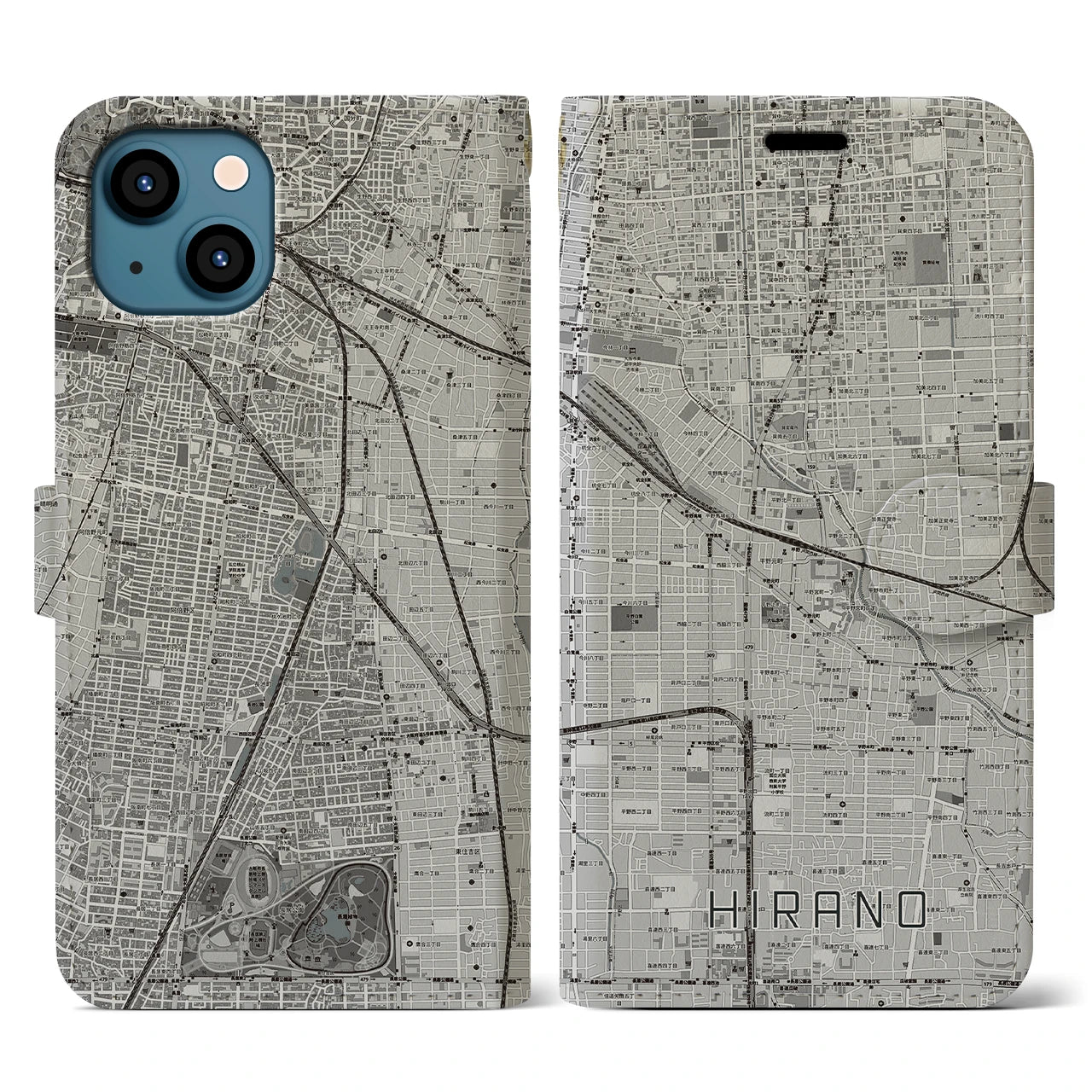 【平野(大阪府)】地図柄iPhoneケース(手帳タイプ)モノトーン・iPhone 13 用