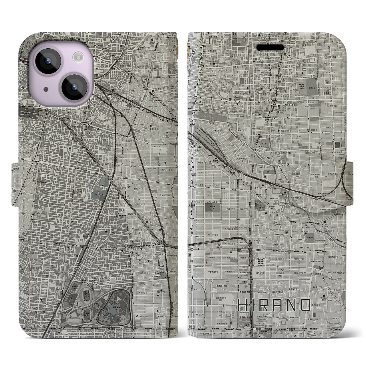 【平野(大阪府)】地図柄iPhoneケース(手帳タイプ)モノトーン・iPhone 14 用