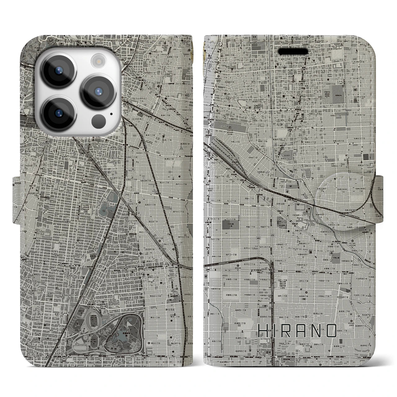 【平野(大阪府)】地図柄iPhoneケース(手帳タイプ)モノトーン・iPhone 14 Pro 用