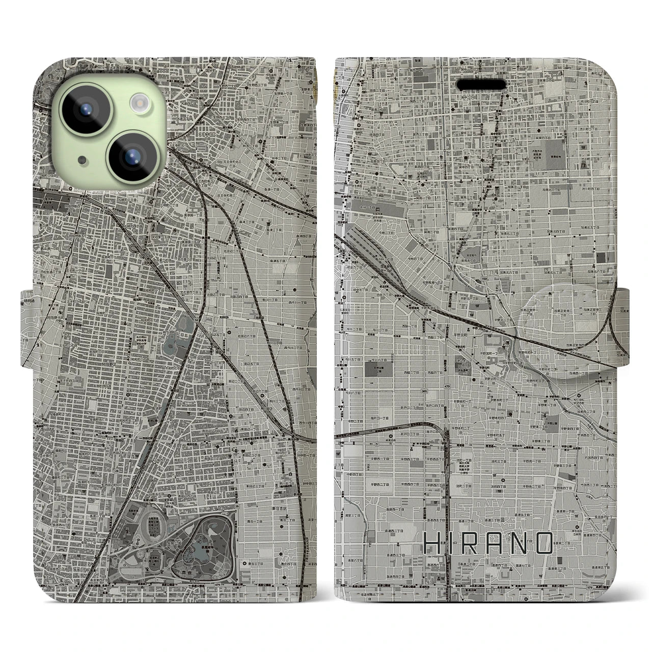 【平野(大阪府)】地図柄iPhoneケース(手帳タイプ)モノトーン・iPhone 15 用