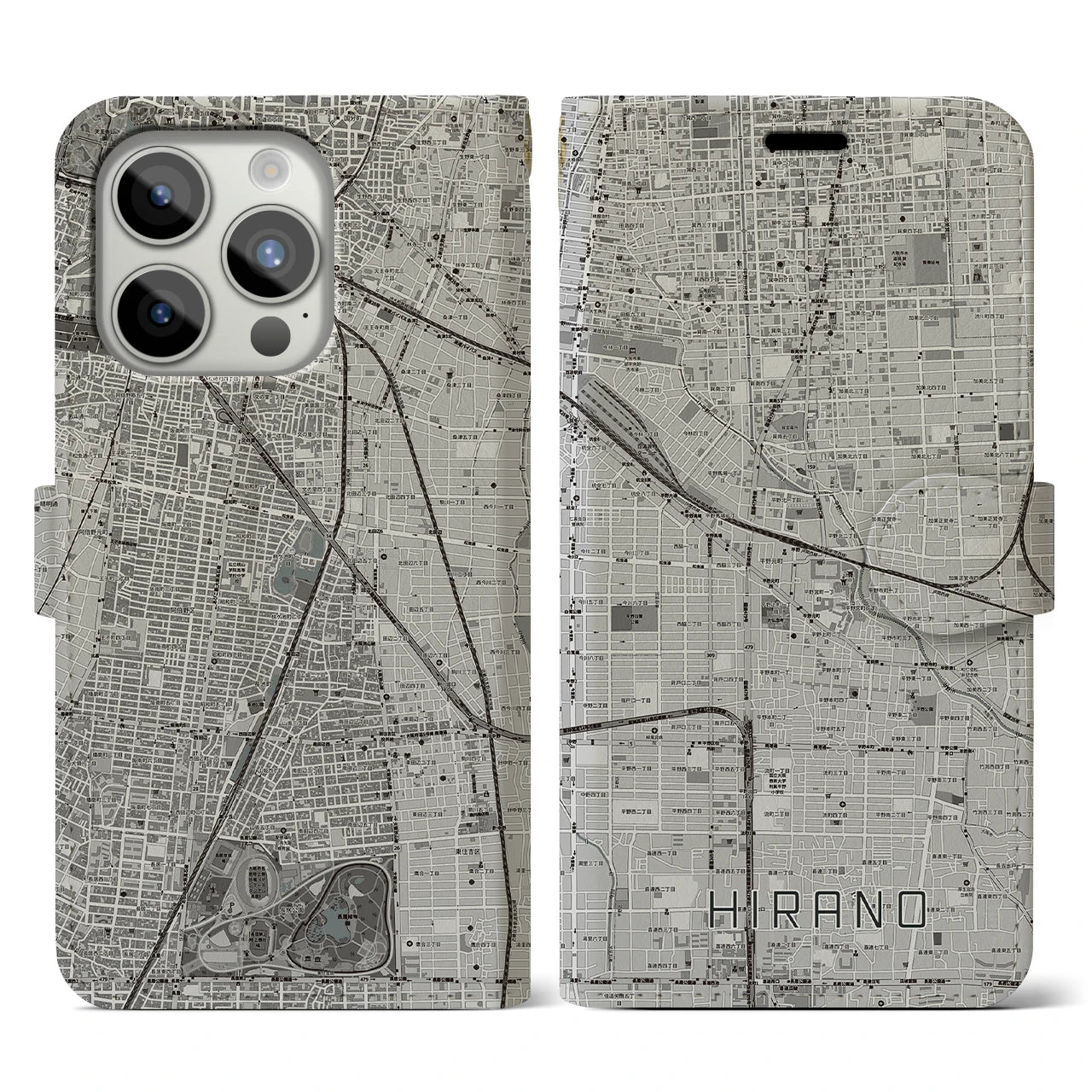 【平野(大阪府)】地図柄iPhoneケース(手帳タイプ)モノトーン・iPhone 15 Pro 用