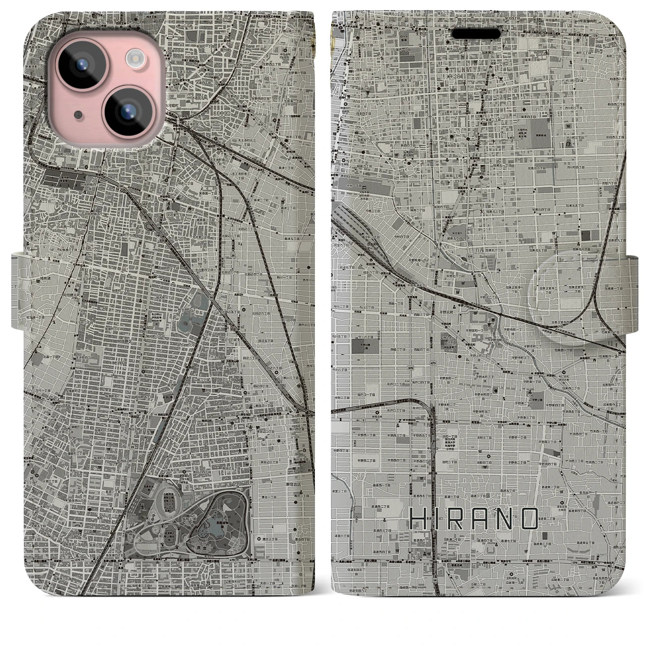 【平野(大阪府)】地図柄iPhoneケース(手帳タイプ)モノトーン・iPhone 15 Plus 用